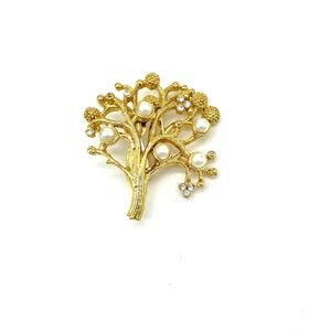 Vintage Gold Tone Tree of Life‎ Brooch Pin Faux Pearl Rhinestone Accent